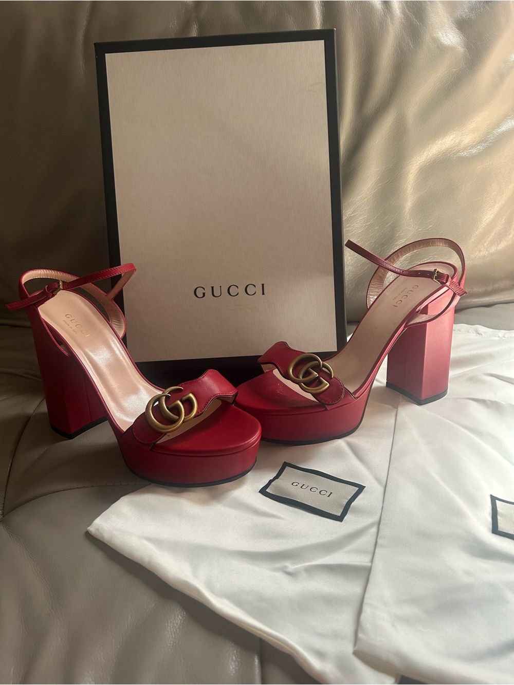 Gucci GG Marmont Platform Sandals Red Block High Heel Ankle Strap